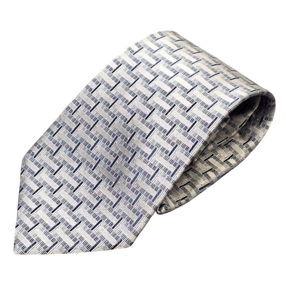 Arrow 100% Silk Necktie Men's Silver Blue Grey Geometric‎ Basketweave Business